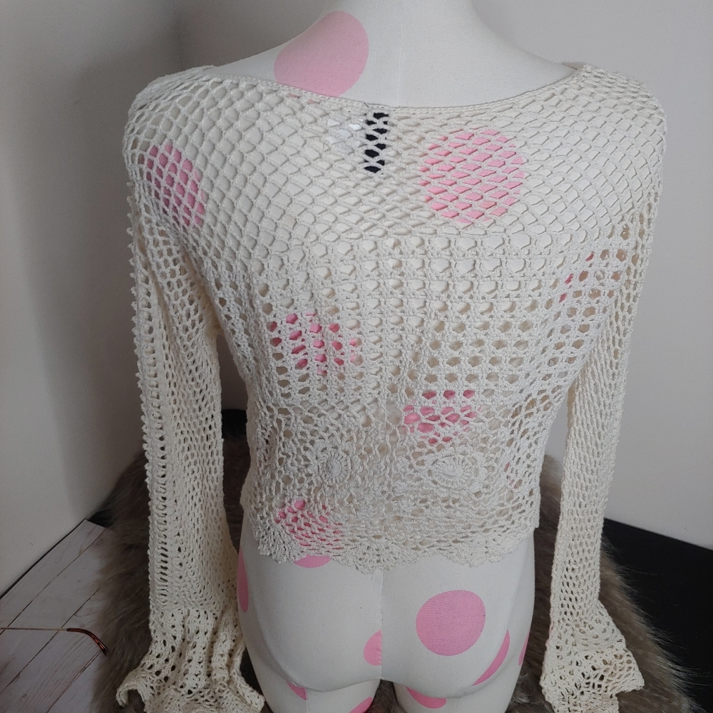 Divided H&M • Boho Cotton Cream Ivory Crop Top Crochet Long Bell Sleeve Medium - Picture 3 of 16